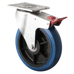 O Series castor, 200mm hi-res blue rubber wheel, precision bearing, swivel North American (NA) plate, total brake, 400 kg load