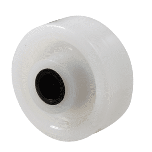 O Series, white nylon wheel 100mm diameter x 40mm wide, plain bearing, 60mm hub, 20mm bore reduced to 1/2" with bush, load rating 400kg