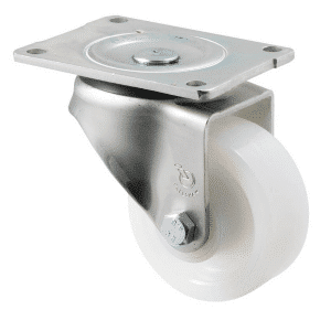 O Series castor, 100mm white nylon wheel, plain bearing, swivel North American (NA) plate, 350 kg load