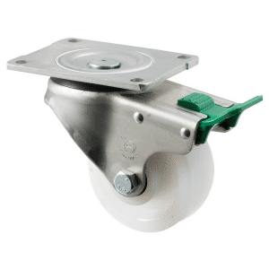O Series castor, 100mm white nylon wheel, plain bearing, swivel North American (NA) plate, direction lock, 350 kg load