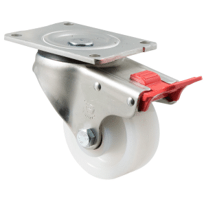 O Series castor, 100mm white nylon wheel, plain bearing, swivel North American (NA) plate, total brake, 350 kg load