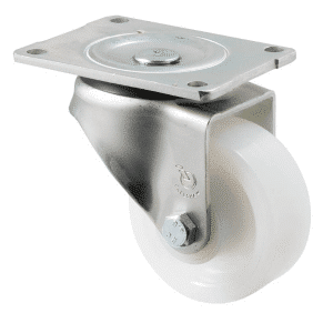 O Series castor, 100mm white nylon wheel, plain bearing, swivel North American (NA) plate, 350 kg load