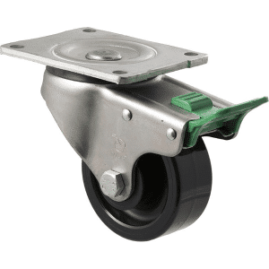 O Series castor, 100mm black nylon wheel, plain bearing, swivel plate, direction lock, 350 kg load