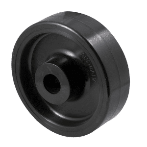O series black nylon wheel, 125mm diameter x 40mm wide, plain bearing, 60mm hub, 20mm bore reduced to 1/2" with bush, load rating 400kg