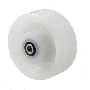 O Series, white nylon wheel 125mm diameter x 40mm wide, 60mm hub, 20mm bore reduced to 1/2" with stainless steel spacer, load rating 400kg