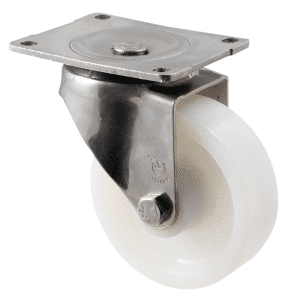 O Series stainless steel specialised castor, 125mm white nylon wheel, SS bush, plain bearing, swivel plate, 400 kg load