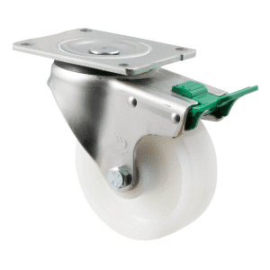 O Series castor, 125mm white nylon wheel, plain bearing, swivel plate, direction lock, 400 kg load