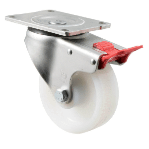 O Series castor, 125mm white nylon wheel, plain bearing, swivel plate, total brake, 400 kg load