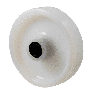 O Series, white nylon wheel 150mm diameter x 40mm wide, plain bearing, 60mm hub, 20mm bore reduced to 1/2" with bush, load rating 450kg