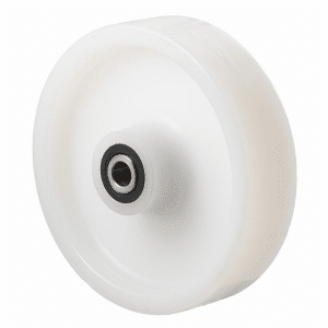 O Series, white nylon wheel 150mm diameter x 40mm wide, 60mm hub, 20mm bore reduced to 1/2" with stainless steel spacer, load rating 450kg