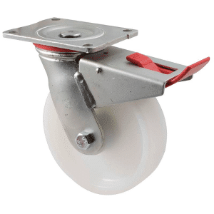 H Series castor, 150mm white nylon wheel, plain bearing, swivel plate, total brake, load rating 450 kg