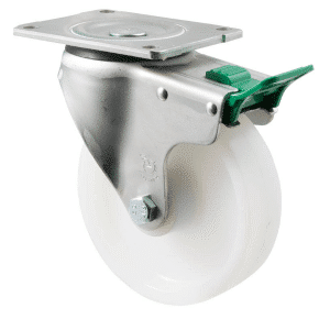 O Series castor, 150mm white nylon wheel, plain bearing, swivel plate, direction lock, load rating 450 kg