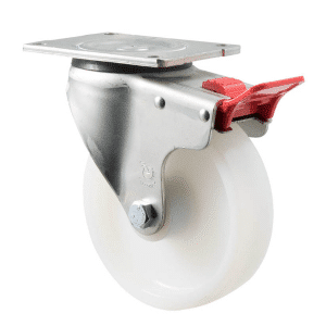 O Series castor, 150mm white nylon wheel, plain bearing, swivel North American (NA) plate, total brake, load rating 450 kg