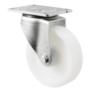 O Series castor, 150mm white nylon wheel, plain bearing, swivel North American (NA) plate, load rating 450 kg