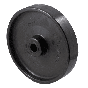 O series black nylon wheel, 200mm diameter x 40mm wide, plain bearing, 60mm hub, 20mm bore reduced to 1/2" with bush, load rating 500kg