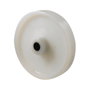 O series white nylon wheel, 200mm diameter x 40mm wide, plain bearing, 60mm hub, 20mm bore reduced to 1/2" with bush, load rating 500kg