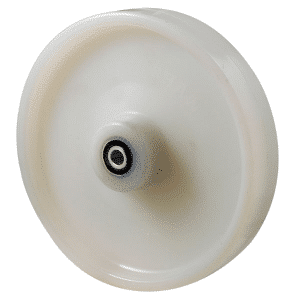 O Series, white nylon wheel 200mm diameter x 40mm wide, 60mm hub, 20mm bore reduced to 1/2" with stainless steel spacer, load rating 500kg