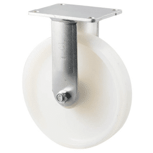 H Series castor, 200mm white nylon wheel, plain bearing, fixed North American (NA) plate, stainless steel bush, 500kg load