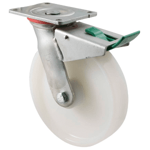 H Series castor, 200mm white nylon wheel, plain bearing, swivel plate, direction lock, 500 kg load