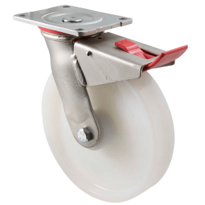 H Series castor, 200mm white nylon wheel, plain bearing, swivel North American (NA) plate, total brake, 500 kg load