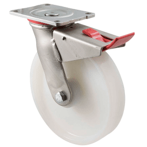 H Series castor, 200mm white nylon wheel, plain bearing, swivel plate, total brake, 500 kg load