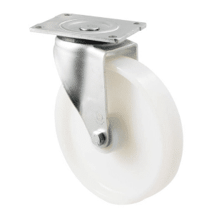 O Series castor, 200mm white nylon wheel, plain bearing, swivel plate, 500 kg load