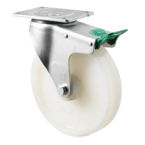 O Series castor, 200mm white nylon wheel, plain bearing, swivel plate, direction lock, 500 kg load