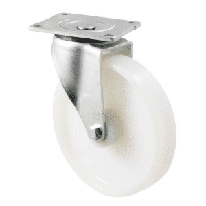 O Series castor, 200mm white nylon wheel, plain bearing, swivel North American (NA) plate, 500 kg load