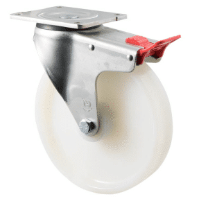 O Series castor, 200mm white nylon wheel, plain bearing, swivel North American (NA) plate, total brake, 500 kg load
