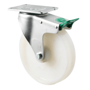 O Series castor, 200mm white nylon wheel, plain bearing, swivel plate, direction lock, 500 kg load