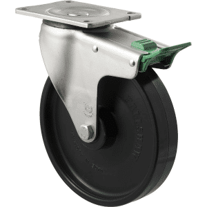 O Series castor, 200mm black nylon wheel, plain bearing, swivel plate, direction lock, 500 kg load