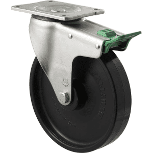 O Series castor, 200mm black nylon wheel, plain bearing, swivel North American (NA) plate, direction lock, 500 kg load