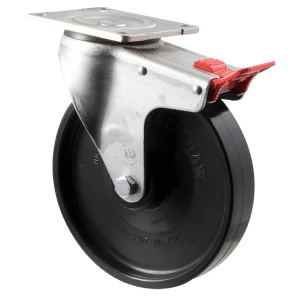 O Series castor, 200mm black nylon wheel, plain bearing, swivel North American (NA) plate, total brake, 500 kg load