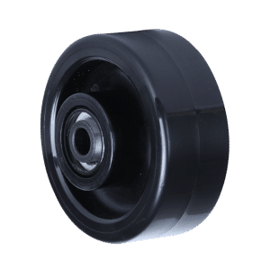 O series black nylon wheel, 100mm diameter x 40mm wide, roller bearing, 60mm hub, 20mm bore reduced to 1/2" with bush, load rating 400kg