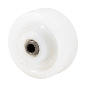 O series white nylon wheel, 100mm diameter x 40mm wide, roller bearing, 60mm hub, 20mm bore reduced to 1/2" with bush, load rating 350kg