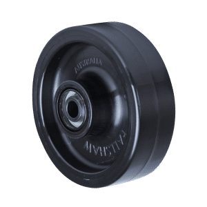 O series black nylon wheel, 125mm diameter x 40mm wide, roller bearing, 60mm hub, 20mm bore reduced to 1/2" with bush, load rating 400kg