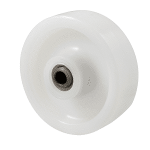 O series white nylon wheel, 125mm diameter x 40mm wide, roller bearing, 60mm hub, 20mm bore reduced to 1/2" with bush, load rating 400kg