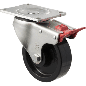 O Series castor, 125mm black nylon wheel, roller bearing, swivel North American (NA) plate, total brake, 400 kg load