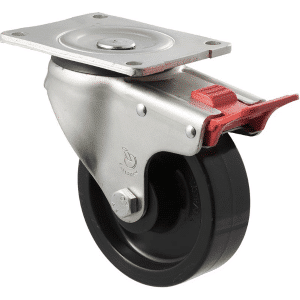 O Series castor, 125mm black nylon wheel, roller bearing, swivel plate, total brake, 400 kg load