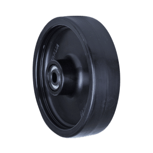O series black nylon wheel, 150mm diameter x 40mm wide, roller bearing, 60mm hub, 20mm bore reduced to 1/2" with bush, load rating 450kg