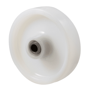 O series white nylon wheel, 150mm diameter x 40mm wide, roller bearing, 60mm hub, 20mm bore reduced to 1/2" with bush, load rating 450kg