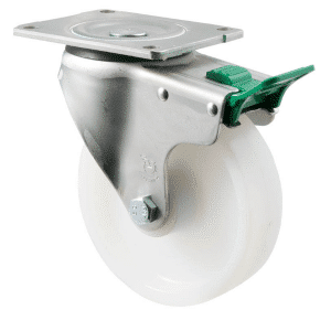 O Series castor, 150mm white nylon wheel, roller bearing, swivel plate, direction lock, load rating 450 kg