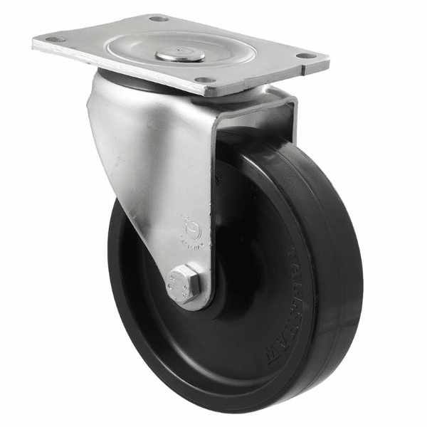 150mm diameter black nylon wheel, roller bearing, swivel plate, load rating 450 kg 1 150mm diameter black nylon wheel, roller bearing, swivel plate, load rating 450 kg