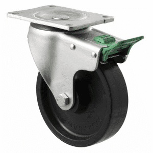 O Series castor, 150mm black nylon wheel, roller bearing, swivel plate, direction lock, load rating 450 kg