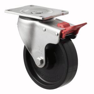 O Series castor, 150mm black nylon wheel, roller bearing, swivel North American (NA) plate, total brake, load rating 450 kg