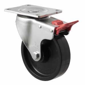 O Series castor, 150mm black nylon wheel, roller bearing, swivel plate, total brake, load rating 450 kg