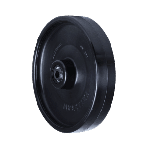 O series black nylon wheel, 200mm diameter x 40mm wide, roller bearing, 60mm hub, 20mm bore reduced to 1/2" with bush, load rating 500kg