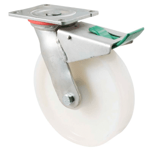H Series castor, 200mm white nylon wheel, roller bearing, swivel plate, direction lock, 500 kg load