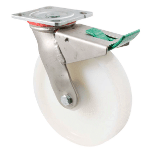 H Series castor, 200mm white nylon wheel, roller bearing, swivel North American (NA) plate, direction lock, 500 kg load
