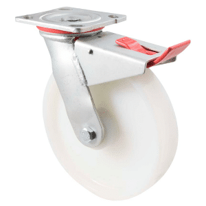 H Series castor, 200mm white nylon wheel, roller bearing, swivel North American (NA) plate, total brake, 500 kg load